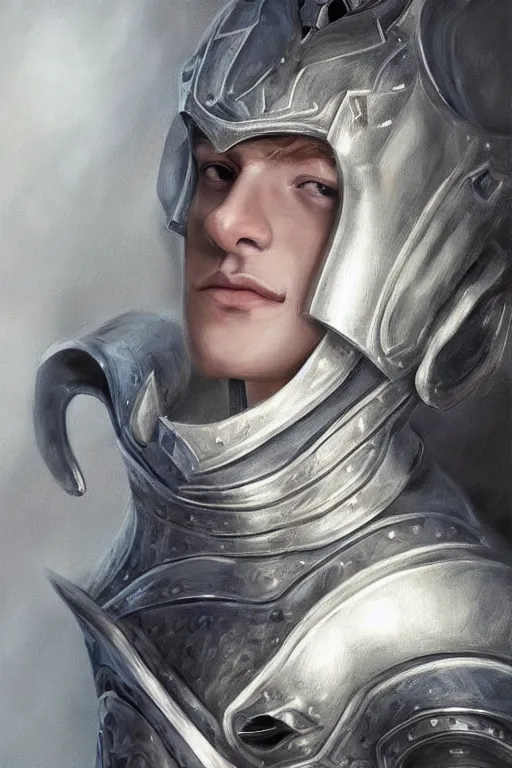 Image similar to a blonde male teenager wearing a silver plate armor, digital painting, digital art, oil painting, masterpiece, realistic and detailed face, profile picture, realistic, highly detailed, high quality, symmetrical, low contrast, trending on deviantart, soft colors, soft lighting, face portrait, beautiful, elegant, castle in the background, bokeh, artgem style