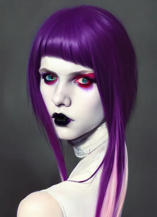 Image similar to portrait of white teenage girl, normal face, white bangs, mall goth, cyberlox, black and white hair, bangs, fluffy bangs, red contact lenses, purple lipstick, intricate, elegant, highly detailed, digital painting, artstation, concept art, sharp focus, smooth, illustration, art by wlop, mars ravelo and greg rutkowski