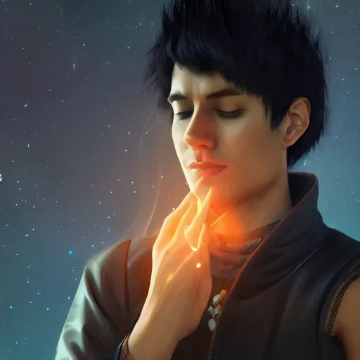 Prompt: a male mage in his 2 0 s with black hair, meditating with closed eyes, in the infinite universe. unreal engine, extremely detailed, award - winning art, trending on artstation