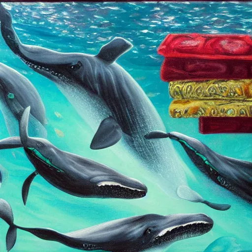 Prompt: whales underwater with scattered rubies, emeralds and topaz, oil painting