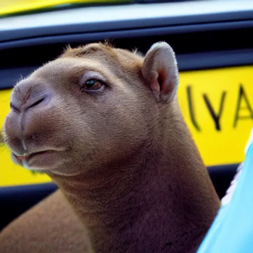 Prompt: capibara sitting in the back of a taxi, artwork, cartoon