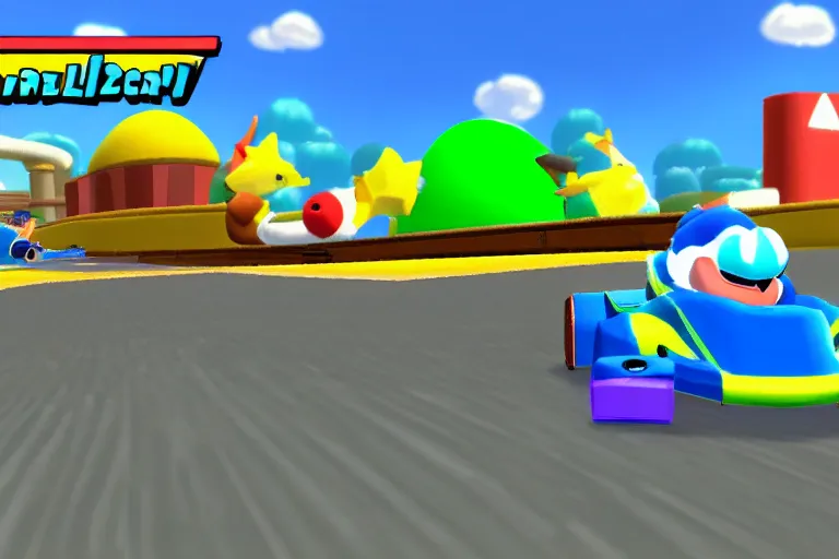 Prompt: whale driving a kart in mario kart double dash, wii screenshot, whale driving a kart