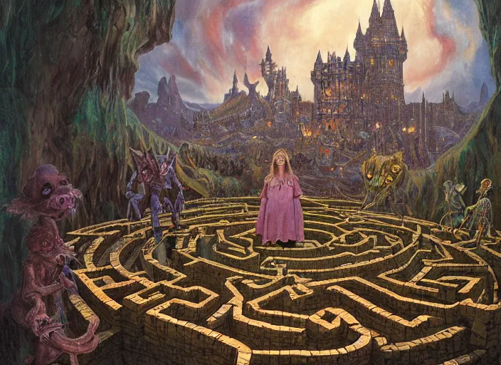 Image similar to jim henson's labyrinth an impossible maze filled with twisted turns a goblin city and a castle looming in the background by frank cowper, john singer sargent and delacroix style, artistic, intricate painting, cinematic lighting, hyper realistic, extremely detailed, vivid colors, establishing shot, dramatic lighting