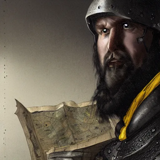 Image similar to Closeup of frustrated male medieval sergeant with a {short} beard wearing a {black!!!! and yellow tabard} over a steel breastplate and a black gambeson looking up from a map on a table, intricate, dramatic lighting illustration by Greg Rutkowski, ArtStation, digital art, fantasy