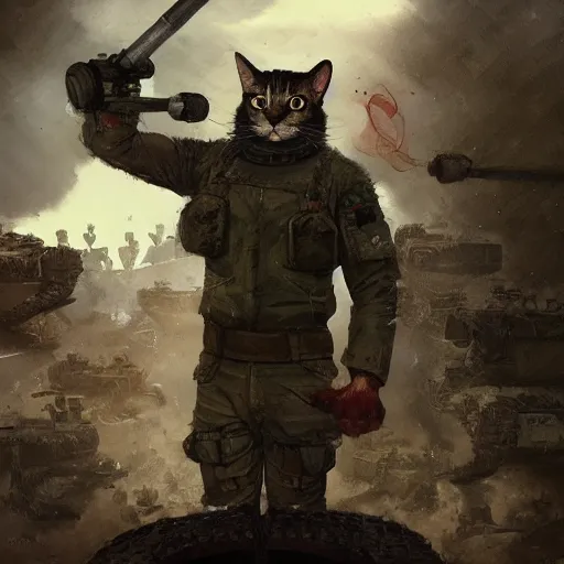 Image similar to Portrait face fuzzy ears furry ripped physique kitty cat general camouflaged as a kitty cat man wearing a military officer uniform standing atop a panzer tank charlie bowater elina brotherus greg rutkowski Dan Witz norman rockwell victo ngai