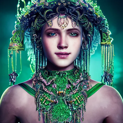 Image similar to photograph of wonderful princess with fair skin, green jewelry, breathtaking, ornate, intricate, hyper detailed, accent lighting, dramatic light, 4 k octane render