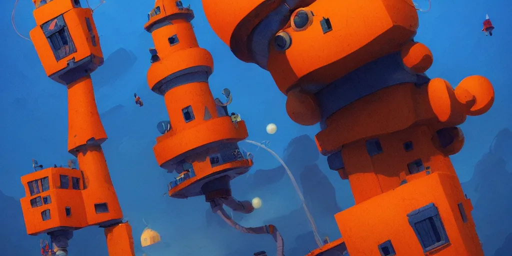 Image similar to cute orange and blue cartoon monsters building a lighthouse by Goro Fujita and Simon Stalenhag , 8k, trending on artstation, hyper detailed, cinematic