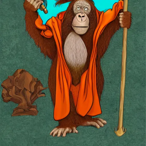 Prompt: An orangutan wizard holding a staff, wearing a robe, and casting a spell