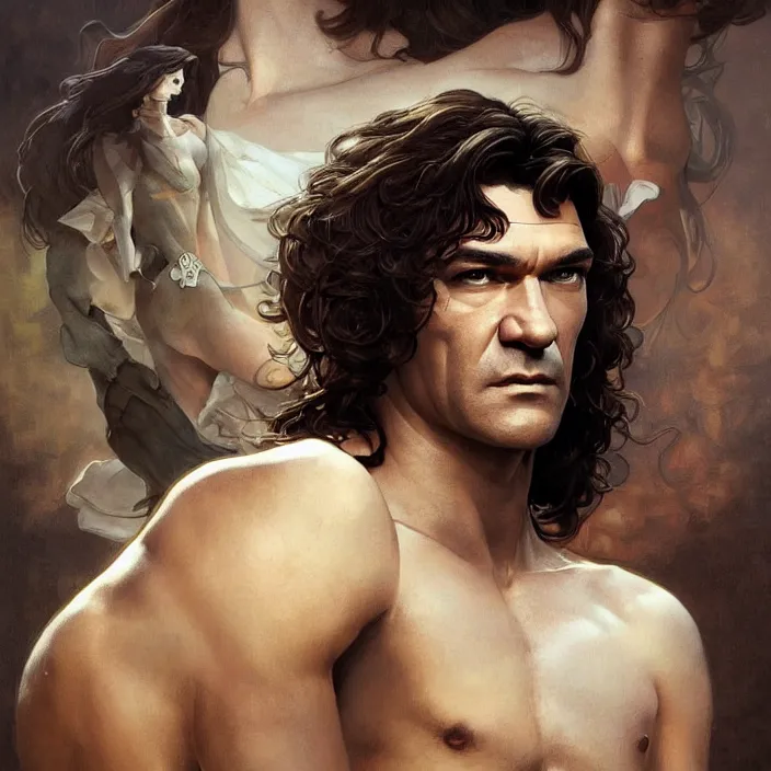 Image similar to handsome young antonio banderas, masterpiece, intricate, elegant, highly detailed, digital painting, artstation, concept art, smooth, sharp focus, illustration, art by artgerm and greg rutkowski and alphonse mucha and huang guangjian and gil elvgren and sachin teng, symmetry