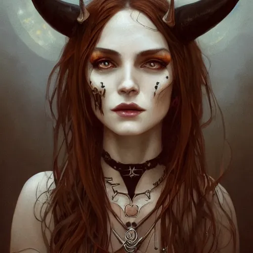 Image similar to a beautiful illustration of a satanic witch with horns in head, skulls, looking at camera, attractive, casual, modern, highly detailed, digital painting, artstation, concept art, smooth, sharp focus, illustration, art by artgerm, greg rutkowski and alphonse mucha