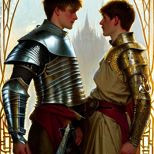 Image similar to attractive arthur pendragon and his favourite attractive male knight, they are in love, camelot, natural lighting, path traced, highly detailed, high quality, digital painting, by gaston bussiere and ross tran and j. c. leyendecker and alphonse mucha