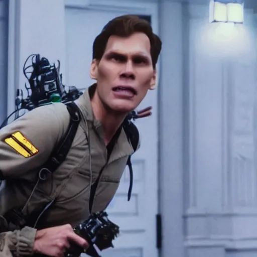 Image similar to Live Action Still of Jerma in Ghostbusters, real life, hyperrealistic, ultra realistic, realistic, highly detailed, epic, HD quality, 8k resolution, body and headshot, film still