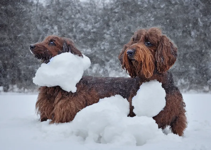 Prompt: Giant woolly dachshund, in the middle of a snow storm