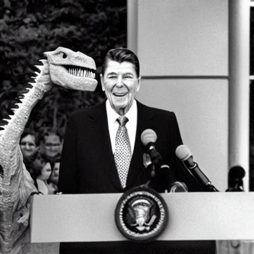 Prompt: claymation press conference ronald reagan unveiling first dinosaur born in united states outside the white house