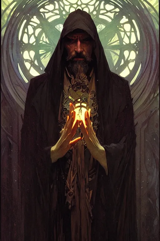 Image similar to Dark wizard, fantasy, painting by greg rutkowski and alphonse mucha