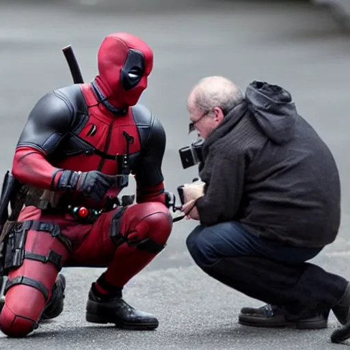 Image similar to candid photo of deadpool filming a camera man, 4 k