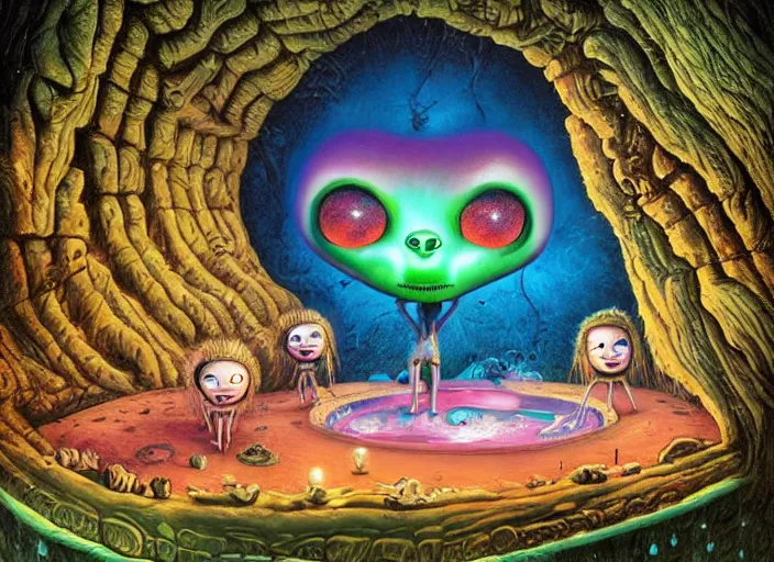 Image similar to 👽 aliens by a cave pool, lowbrow, amazing colorful background, digital art, concept art, in the style of mark ryden, 3 - d 4 k,