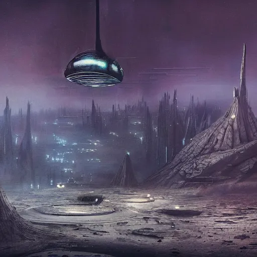 Prompt: scene from bladerunner 2 0 4 9 movie, hr giger artlilery spaceship lands in an alien landscape, filigree ornaments, volumetric lights, simon stalenhag, beksinski