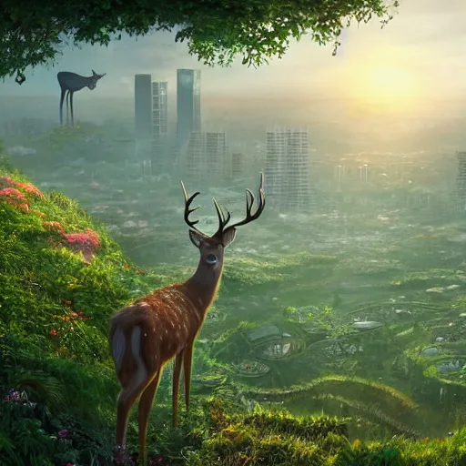 Image similar to highly detailed digital art of a deer standing on an overgrown rooftop looking into the lush solarpunk city below, sunshine, kimi no na wa, trending on artstation, tranquil, by ghibli