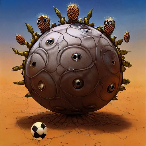 Image similar to magical soccer ball covered with eyes, with two antennas, in the desert next to a cactus, d & d, fantasy, greg rutkowski, frank frazetta, alexandre chaudret, boris vallejo, michael whelan, miro petrov, hr giger, magali villeneuve, donato giancola