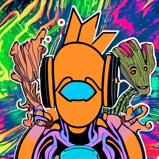 Image similar to svg sticker of a Pop-Wonder Groot-Marvel-Avenger at a rave, spinning records, giant headphones rocking out, wearing headphones, huge speakers, dancing, rave, DJ, spinning records, digital art, amazing composition, rule-of-thirds, award-winning, trending on artstation, featured on deviantart