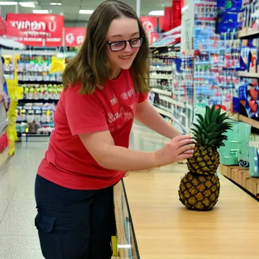 Image similar to realistic photo of rowan aktinson stealing a pineapple from target