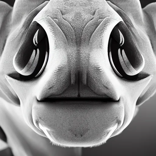 Image similar to symmetrical, close up face portrait of a Pokémon, scowling, studio lighting, depth of field, photography, black and white, highly detailed