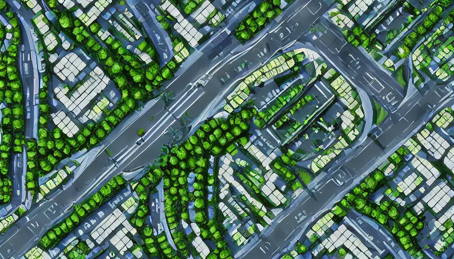 Prompt: roundabout green city with streets, blue buildings, water, highways, stadium, airport, hyperdetailed, artstation, cgsociety, 8 k