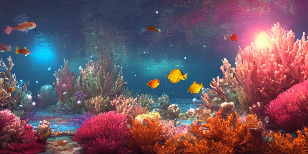 Prompt: A fantasy underwater world of bubbles, fish and coral, digital art, trending on artstation, award winning, 8k, volumetric lighting