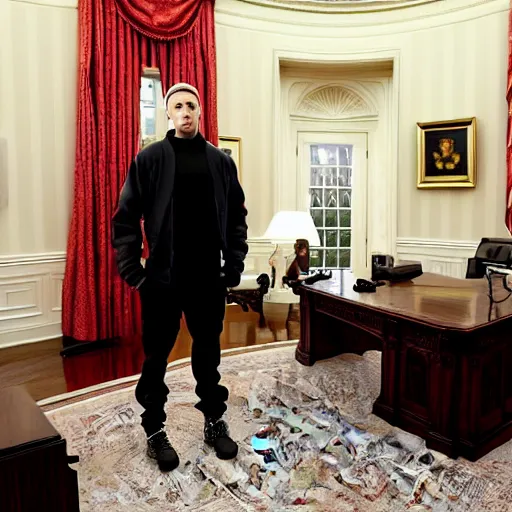 Image similar to Eminem in the president's office in the White House, photorealistic, high definition, cinematic lighting,