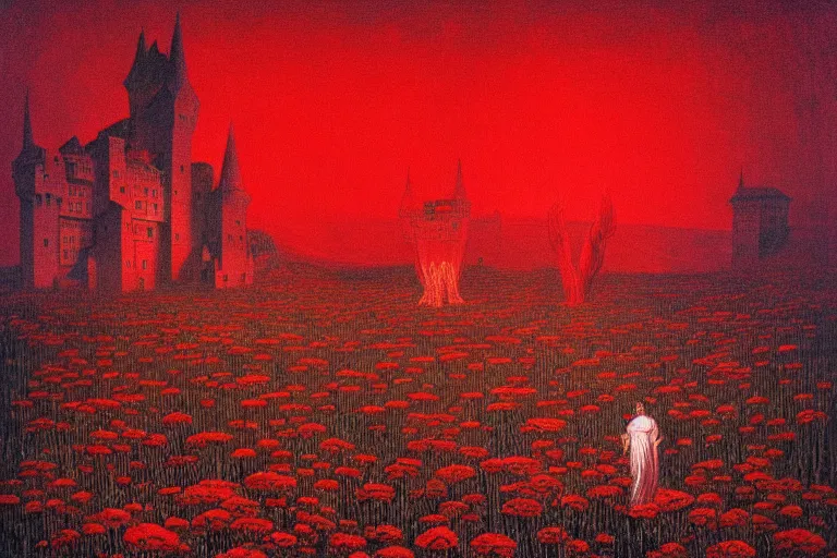 Image similar to only with red, red flowers of different types, a red tiger, a castle in the background, medieval demons dance over the flowers, an ancient path, in the style of beksinski, part by hopper, part by rodcenko, part by hofbauer, intricate composition, red by caravaggio, insanely quality, highly detailed, masterpiece, red light, artstation