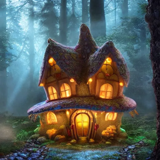 Prompt: A fairy tale toadstool-style house in magical forest, cinematic lighting, photo realistic image, 4K, super detailed, cinematic look, H 1024