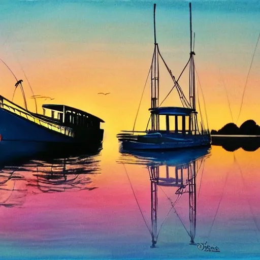 Image similar to artdeco river boat in the deep south, evening sun, intense lighting, hyper realistic, gouache