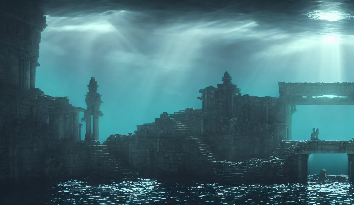 Image similar to low ultrawide shot, dark, underwater statues, submerged pre - incan temple with carvings, abyss, stylized, anime style mixed with fujifilm, detailed gouache paintings, crepuscular rays, dark, murky, foggy, atmospheric, artstation, cgsociety, unreal engine 5, octane render