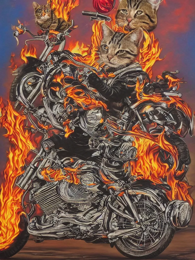 Image similar to a cat riding Harley Davidson on fire Mark Ryden and Alex Gross, Todd Schorr highly detailed