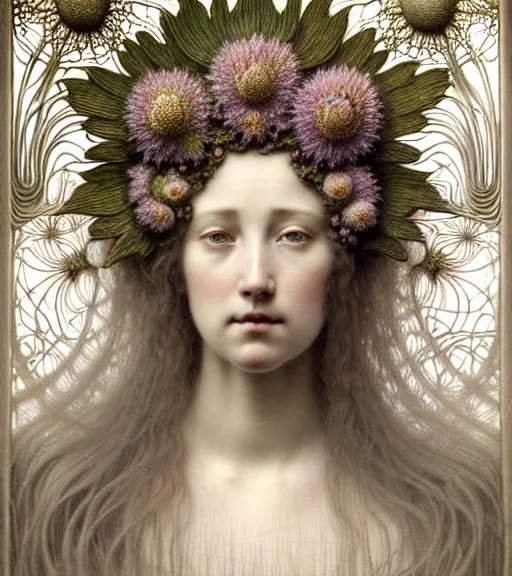 Image similar to beautiful young flower queen detailed realistic porcelain face portrait by jean delville, gustave dore, iris van herpen and marco mazzoni, art forms of nature by ernst haeckel, art nouveau, symbolist, visionary, gothic, neo - gothic, pre - raphaelite, fractal lace, intricate alien botanical biodiversity, surreality, hyperdetailed ultrasharp octane render