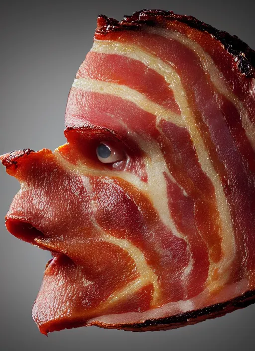 Image similar to bacon in the shape of a human face, human face made out of bacon, kevin bacon made out of bacon, professional food photography, unreal engine