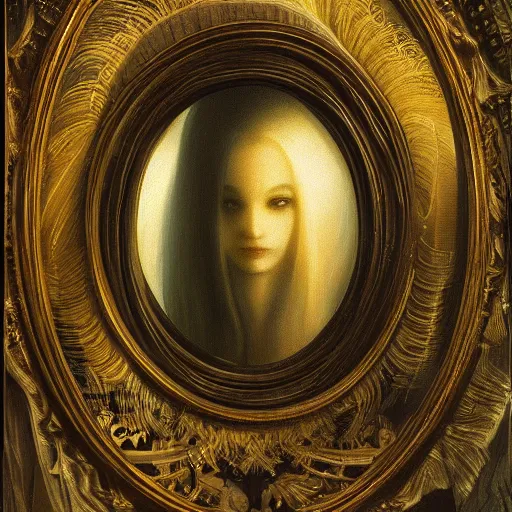 Image similar to spellbinding witch spectacular beauty, ghastly reflection in the ((mirror)), intricate detail, fineline detail painting of portrait, intense sense of awe, 8k high octane rendering, golden ratio