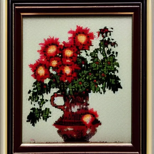 Prompt: a 8bit screen showcasing a photo of flowers, covered in oil painting, by phil hale