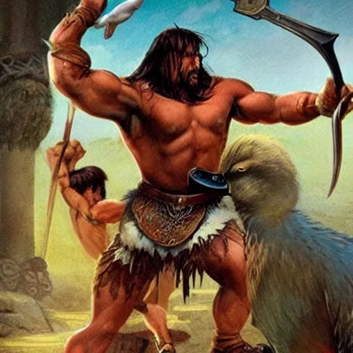 Prompt: conan the barbarian fighting a duck, epic fantasy, realistic