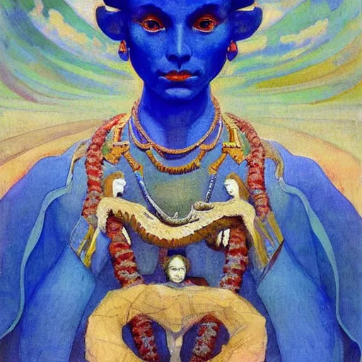 Image similar to the ocean crown, by Annie Swynnerton and Nicholas Roerich and Diego Rivera, blue skin, elaborate costume, geometric ornament, rich color, dramatic cinematic lighting, smooth, sharp focus, extremely detailed