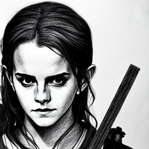 Prompt: emma watson in a demon slayer manga pencil, pencil and vine charcoal drawing, on medium grade paper, indian ink, variable lineart, grayscale, manga tones, detailed, set in hell, threatening an oompa loompa, hyper realistic, manga