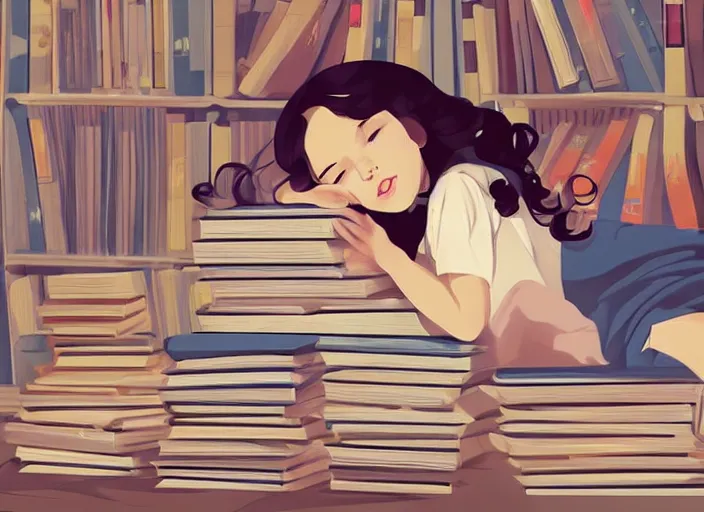 Image similar to a little girl with short wavy curly light brown hair is asleep in pile of books. clean cel shaded vector art. shutterstock. behance hd by lois van baarle, artgerm, helen huang, by makoto shinkai and ilya kuvshinov, rossdraws, illustration, art by ilya kuvshinov