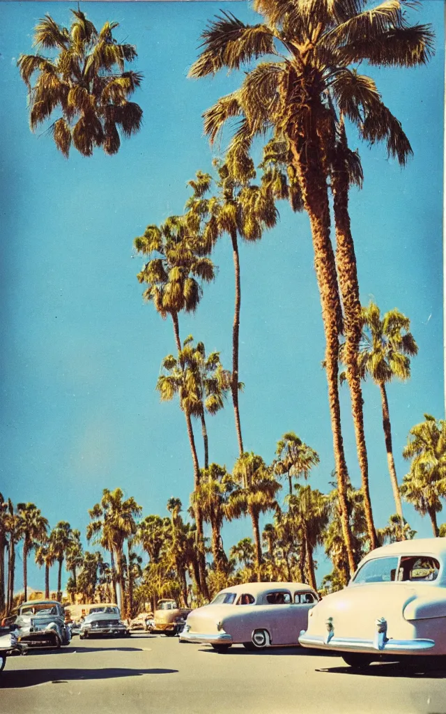 Image similar to california 1 9 5 0, road along the sea, palm trees in a row, vintage cars, retro, vintage, pastel colors, realistic photo, polaroid