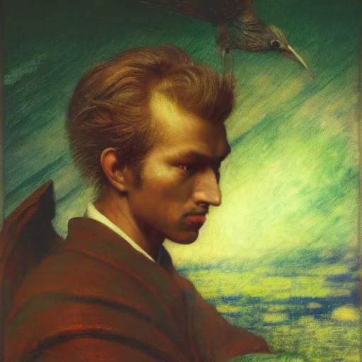 Image similar to A vedalken engineer, by Noriyoshi Ohrai, George Frederic Watts, Opticalfiber, Bird's Eye, Vaporwave, 1960s, New Realism