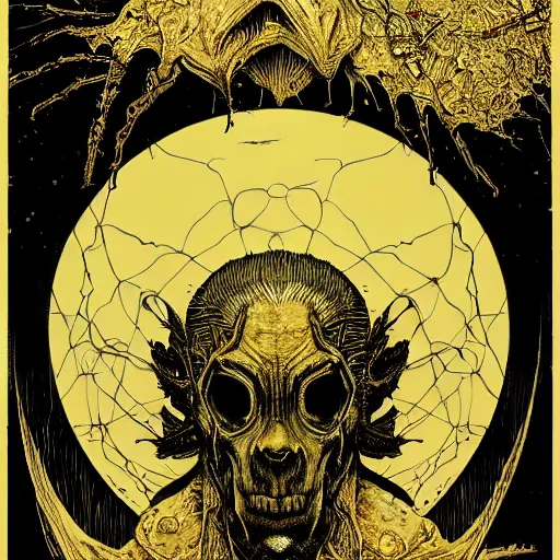 Image similar to vampiric human bloody head, highly detailed and intricate, golden ratio, dark gradient ink with intricate designs, hypermaximalist, elite, horror, creepy, ominous, haunting, majestic, ephemeral detailed art style by Olivier Ledroit and Mike Mignola and cgsociety, Victo Ngai and Artstation trending, art nouveau 8k