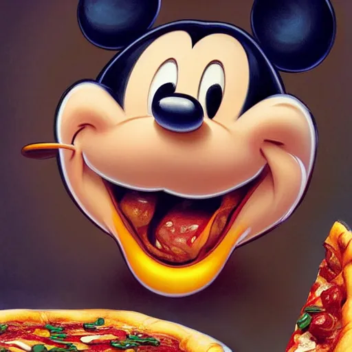 Image similar to portrait of Mickey mouse opening his mouth to eat pizza, highly detailed, digital painting, artstation, concept art, sharp focus, illustration, art by artgerm and greg rutkowski and alphonse mucha