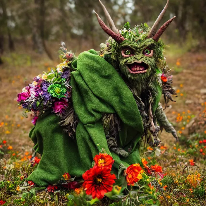 Image similar to a green-horned goblin monster wearing a cloak made of flowers, by Omar Z. Robles, CANON Eos C300, ƒ1.8, 35mm, 8K, medium-format print