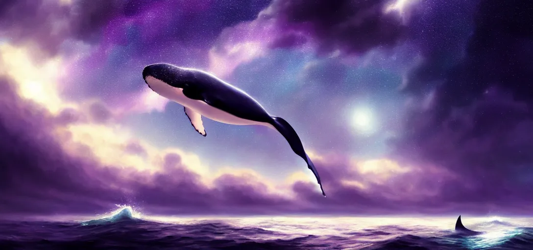 Image similar to a wide angle shot of a lonely whale flying in the sky, sea underneath, cosmic starry sky, concept art, trending on artstation, purple theme by andreas achenbach, artgerm, mikko lagerstedt, zack snyder, tokujin yoshioka