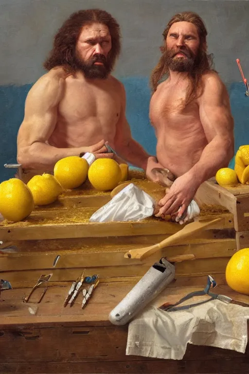 Prompt: a hyperrealistic portrait of two cavemen performing surgery on a crate of lemons with tools made of bubblegum , 8k